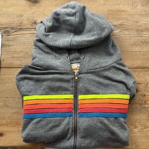 Aviator Nation Gray Zip Hoodie with Neon Rainbow Stripes